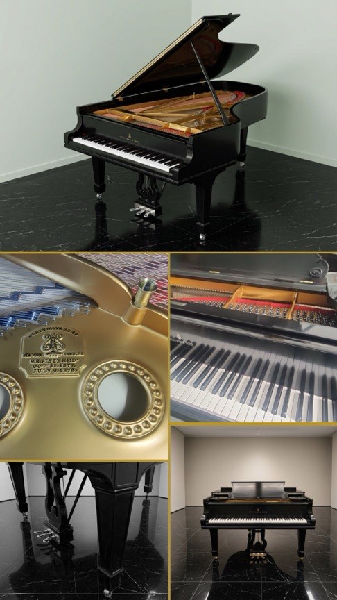 Composite of Steinway & Sons Model B 1904 ebony grand piano showing five views: lid fully propped on black marble, front gallery view, tapered leg and lyre pedal detail, gold soundboard plate with Registered marks, and keyboard with fallboard signature