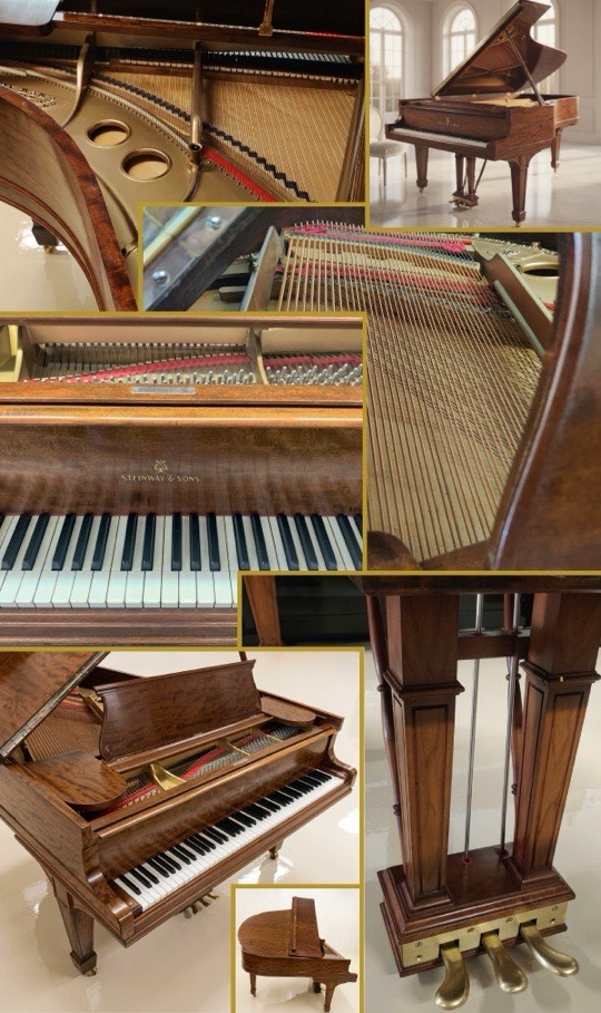Composite of Steinway & Sons Model O 1902 mahogany grand piano showing multiple views including keyboard and interior details with 1902 provenance
